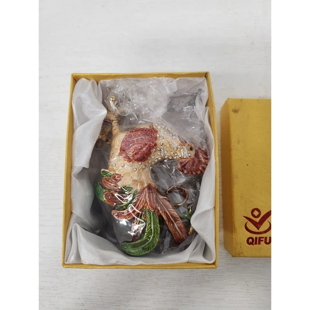Rooster Crystal Alloy Metal Art Trinket Box Ring Box Rhinestones Qifu India New